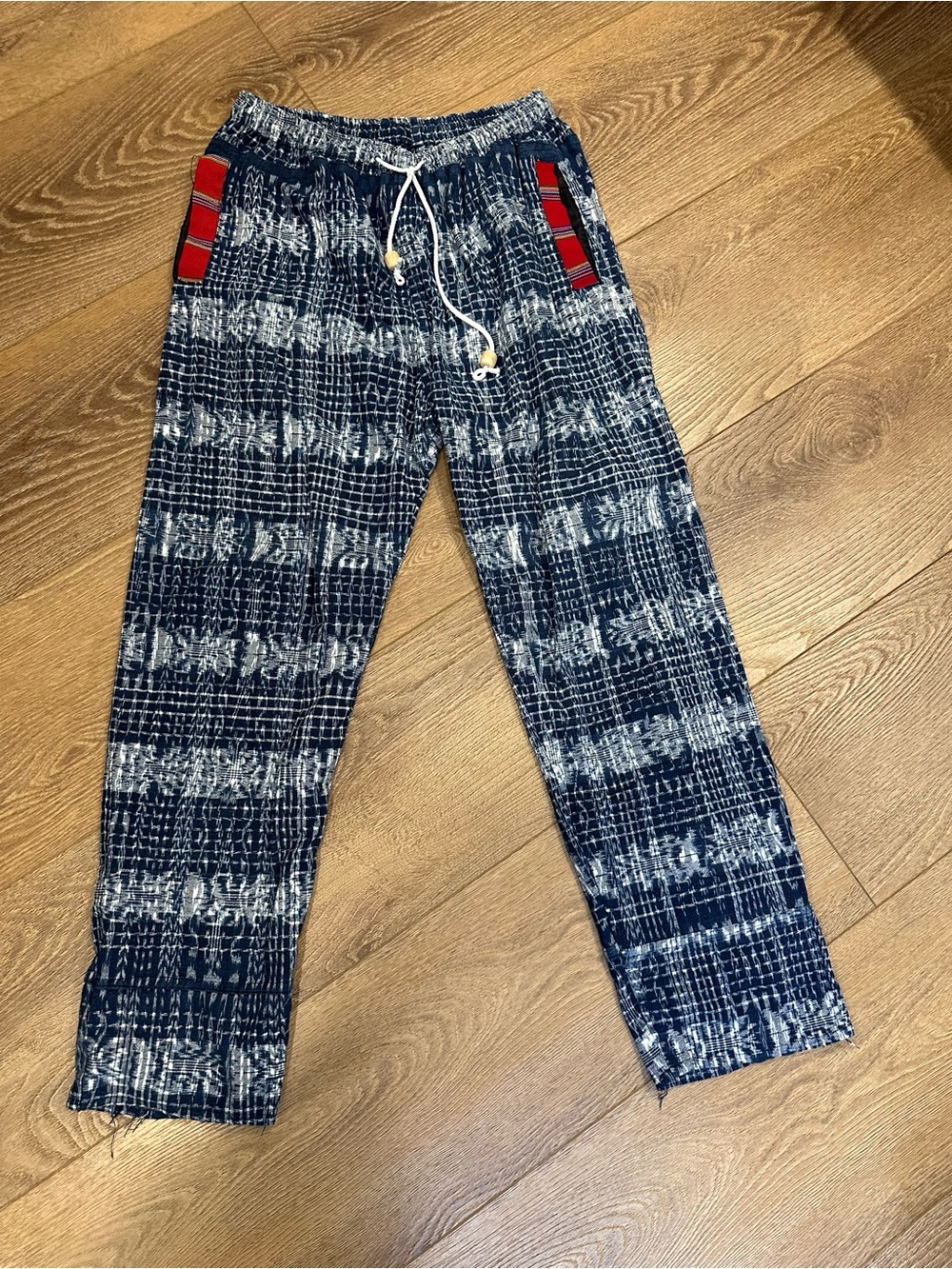 CONOZ Blue Handwoven 100% Cotton Ikat Pants Boho Gorpcore Festival size in photo